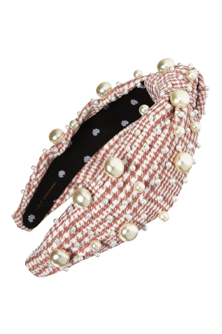 Pearly Bead Headband, Main, color, MAUVE HOUNDSTOOTH