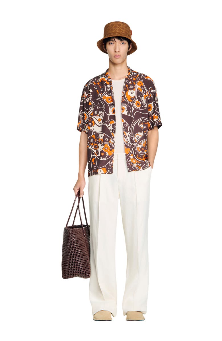 SANDRO Loose-fit print shark collar shirt, Alternate, color, Black Brown