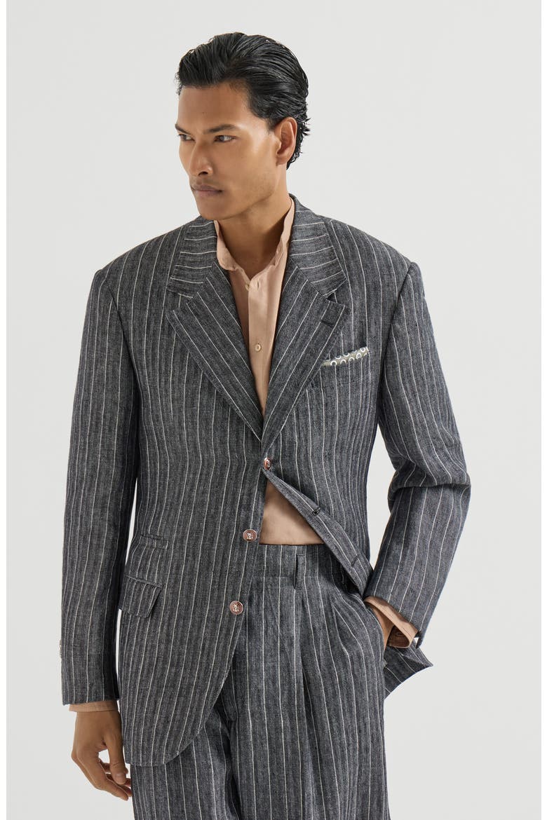 Linen chalk stripe chevron Tailor blazer with metal buttons, Main, color, Anthracite