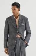 Brunello Cucinelli Linen chalk stripe chevron Tailor blazer with metal buttons