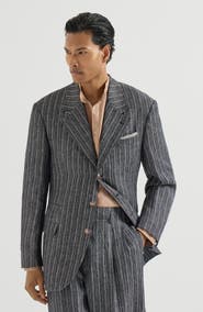 Brunello Cucinelli Linen chalk stripe chevron Tailor blazer with metal buttons