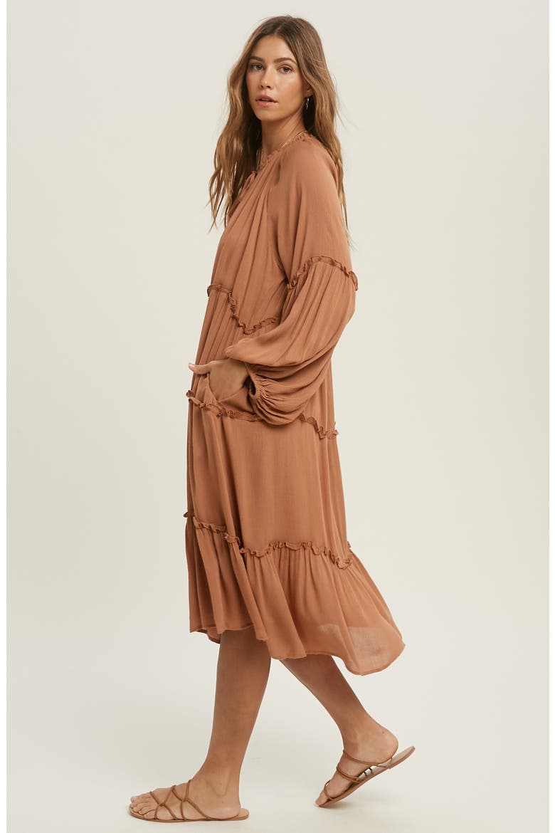 Notched Neck Long Sleeve Tiered Dress, Alternate, color, Brown