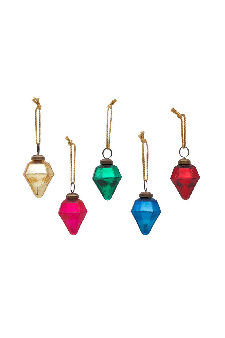 Glass Diamond Cut Multi Christmas Tree Ornament Set of 5, Main, color, Blue