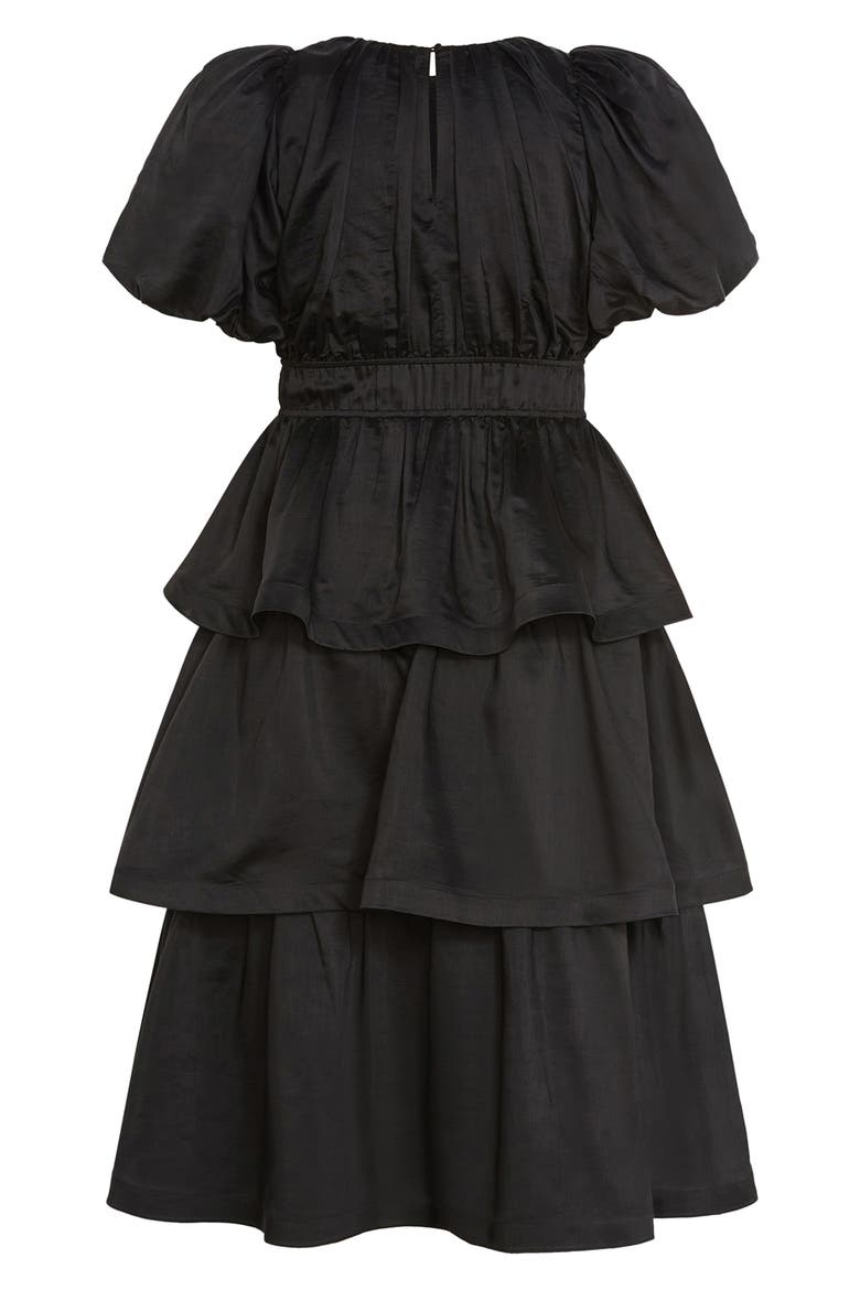 Heavenly Tiered Puff Sleeve Midi Dress, Alternate, color, BLACK