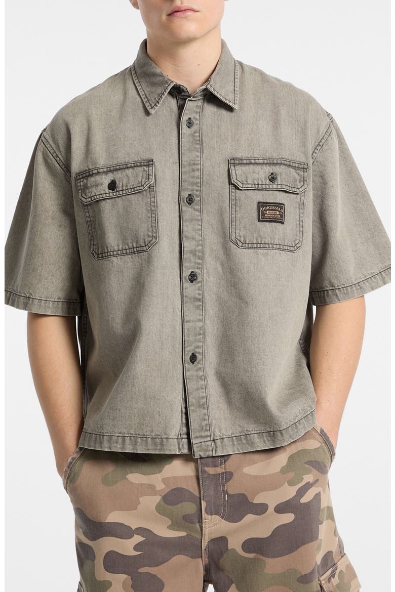 Go Boxy Denim Short Sleeve Button-Up Shirt, Main, color, GREY