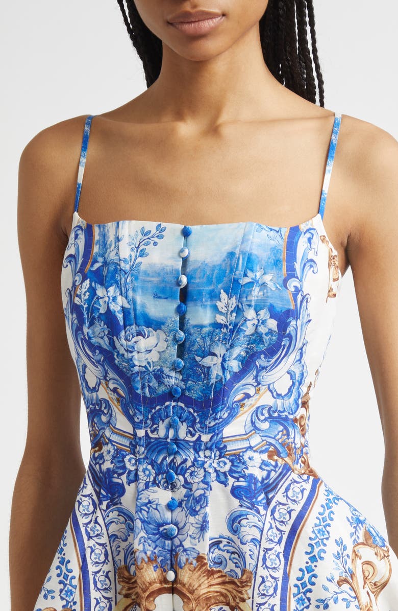 Camilla Corset Fit & Flare Linen & Silk Minidress, Alternate, color, Azul Adventures