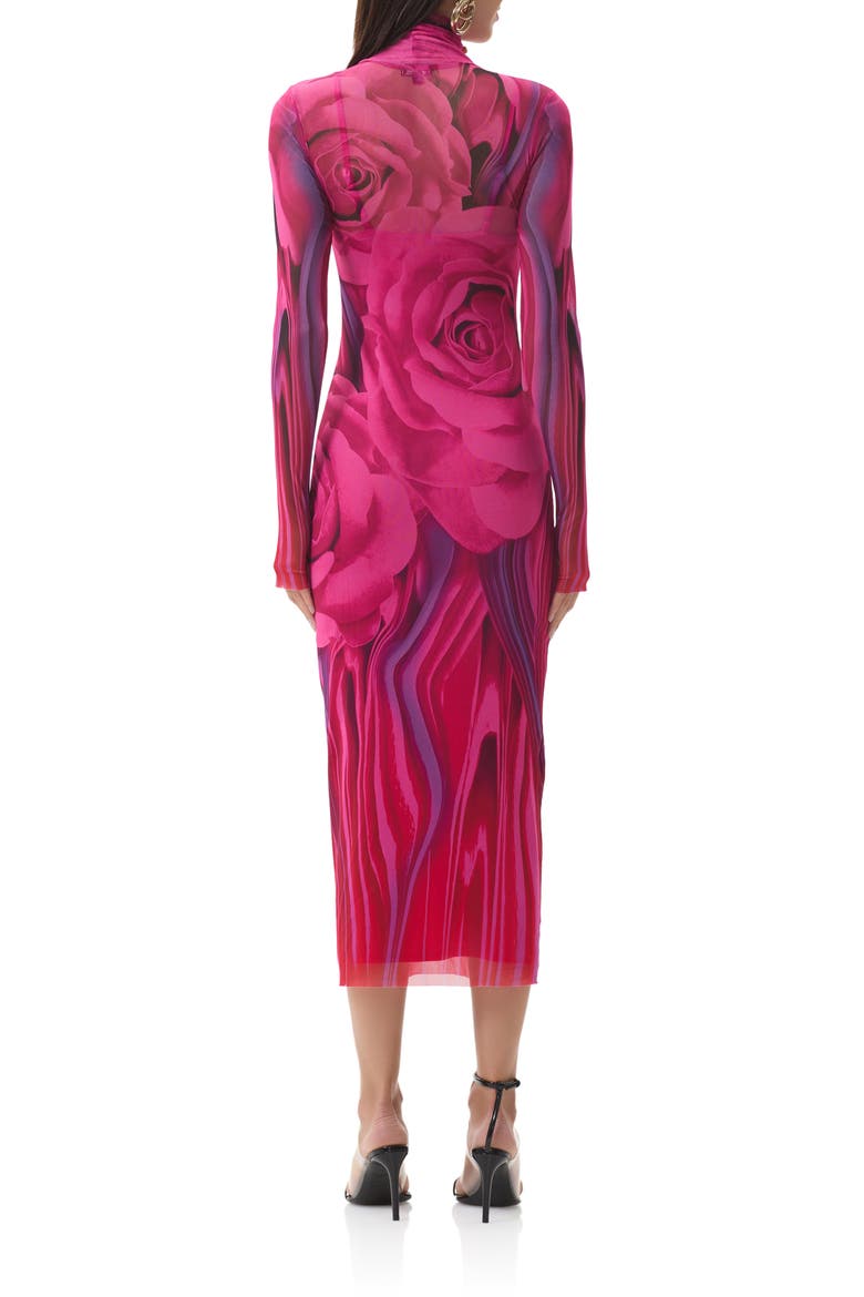Shailene Print Long Sleeve Powermesh Body-Con Midi Dress, Alternate, color, FUCHSIA ROSE