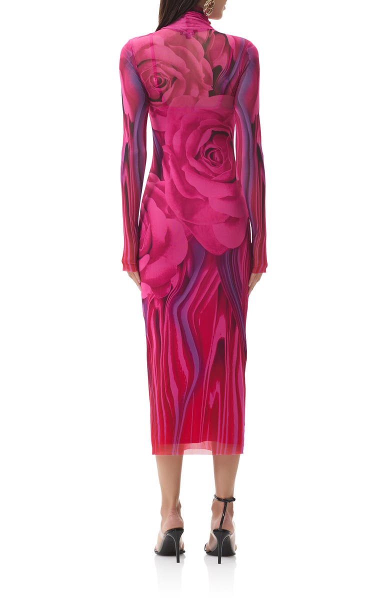 AFRM Shailene Print Long Sleeve Powermesh Body-Con Midi Dress, Alternate, color, Fuchsia Rose