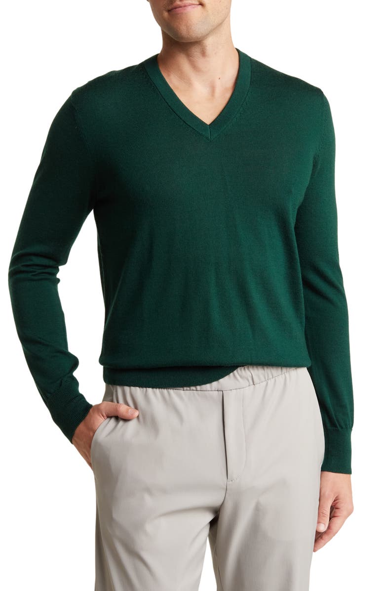 Brooks Brothers Merino Wool V-Neck Sweater, Main, color, Dark Green