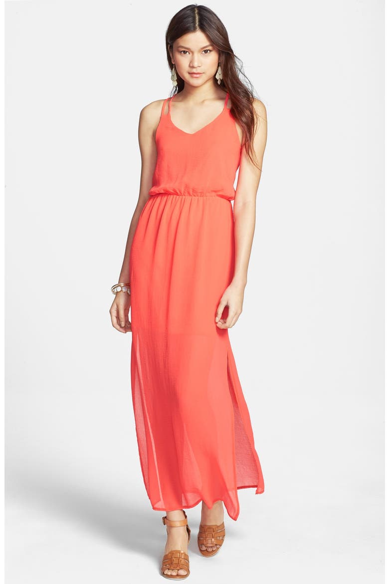 dee elle Tie Back Neon Maxi Dress, Main, color, HOT CORAL
