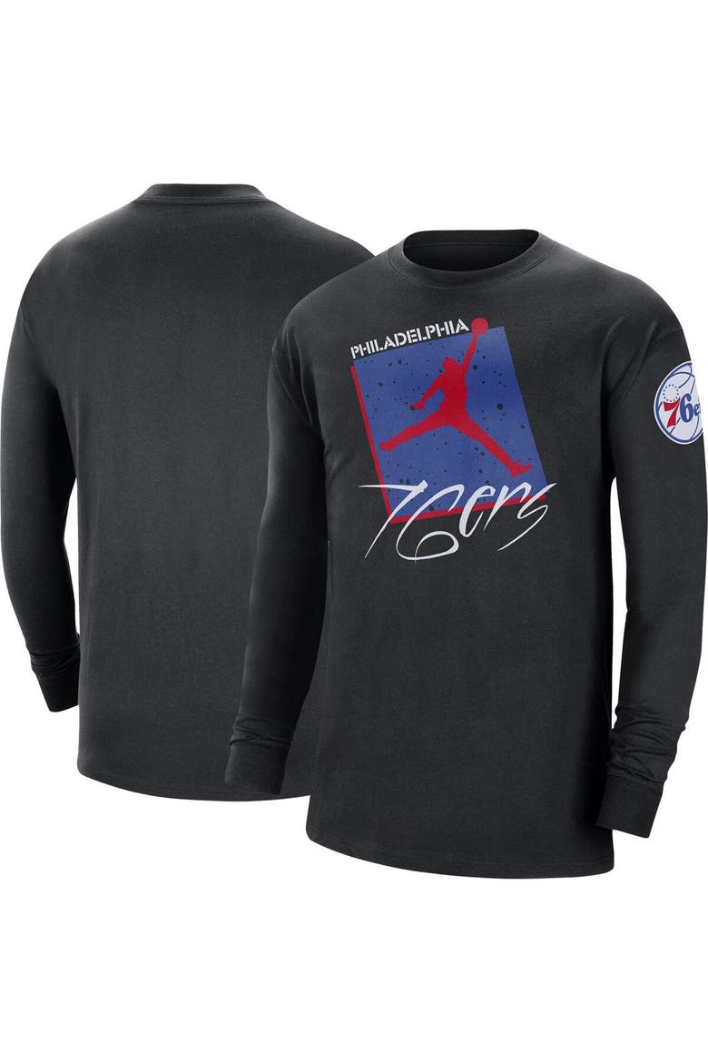 Men's Jordan Brand Black Philadelphia 76ers Courtside Max 90 Vintage Wash Statement Edition Long Sleeve T-Shirt, Main, color, Black