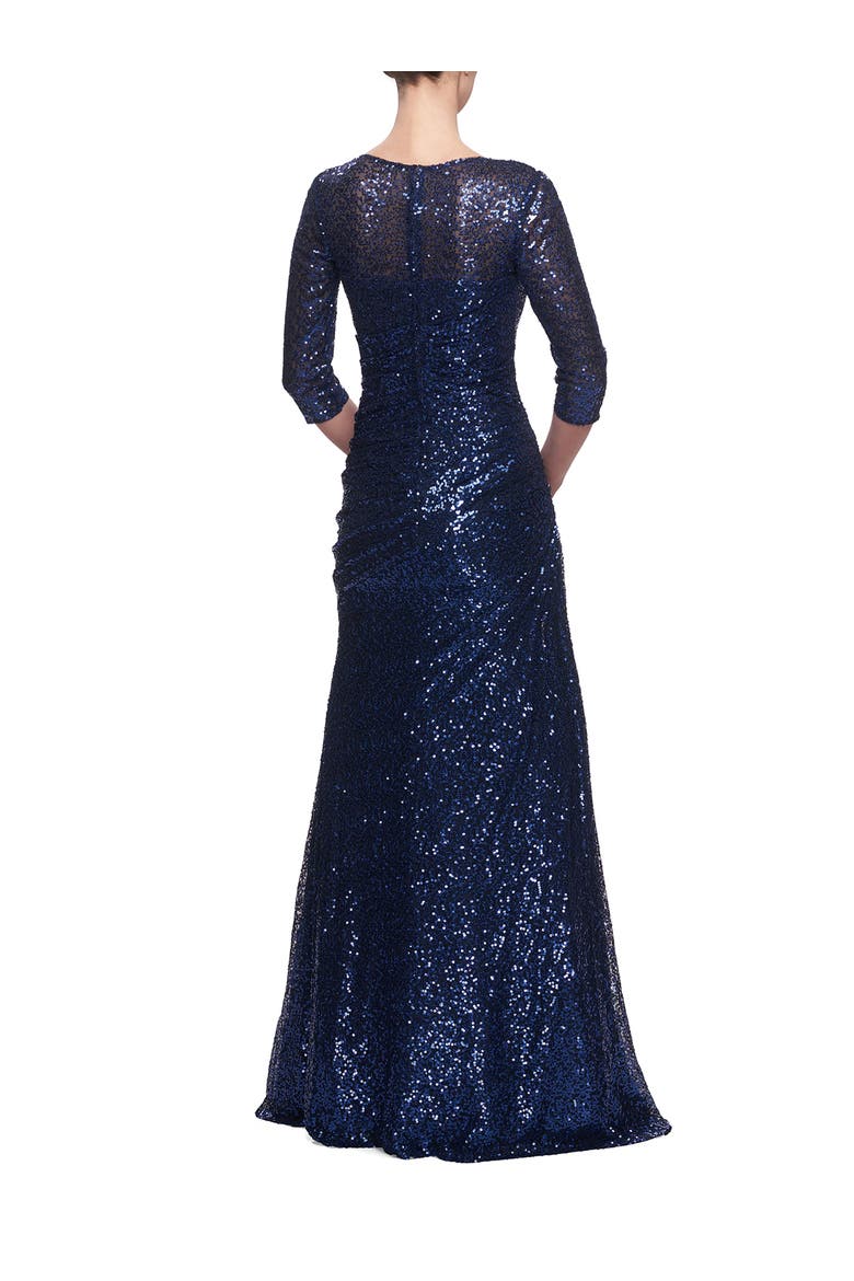 Floor Length Sequin Gown with Ruching and Sleeves, Alternate, color, Navy