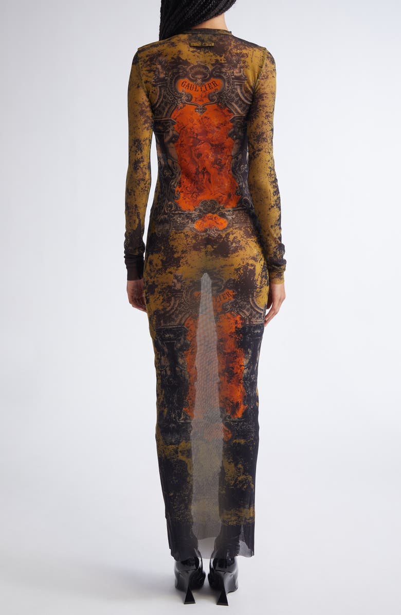 Jean Paul Gaultier Medallion Print Long Sleeve Mesh Body-Con Dress, Alternate, color,