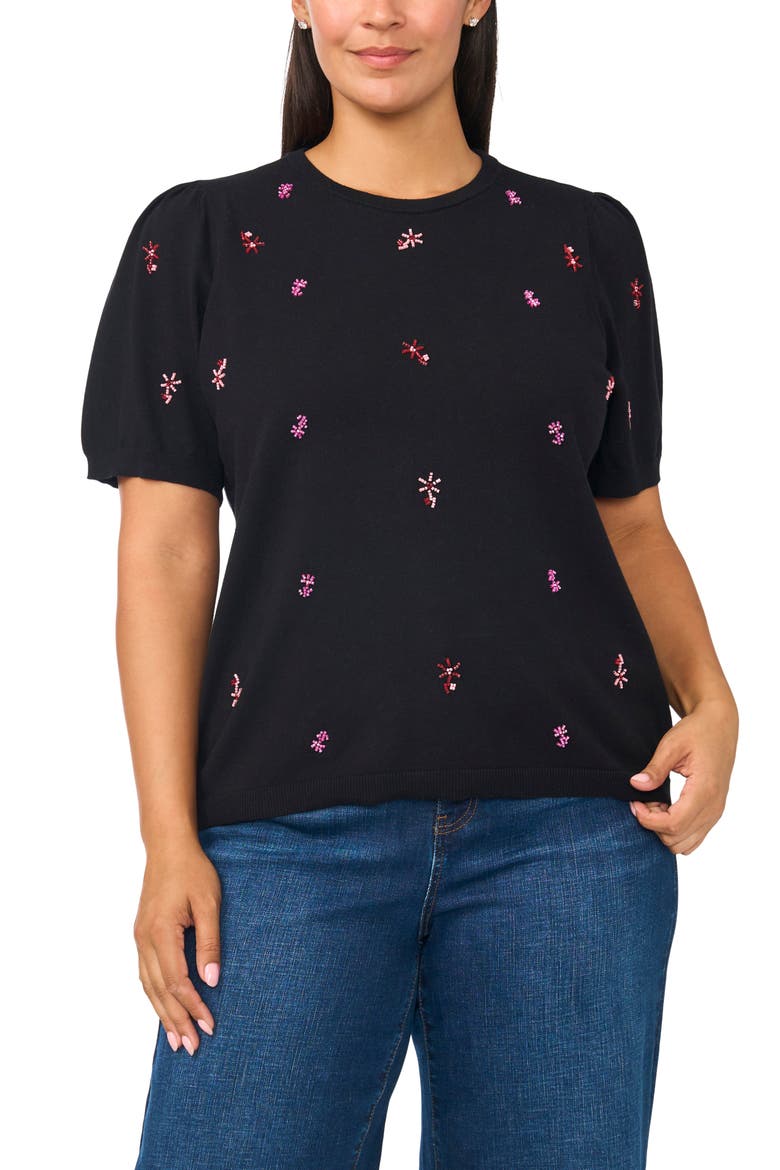 Puff Sleeve Beaded Cotton Sweater, Main, color, RICH BLACK