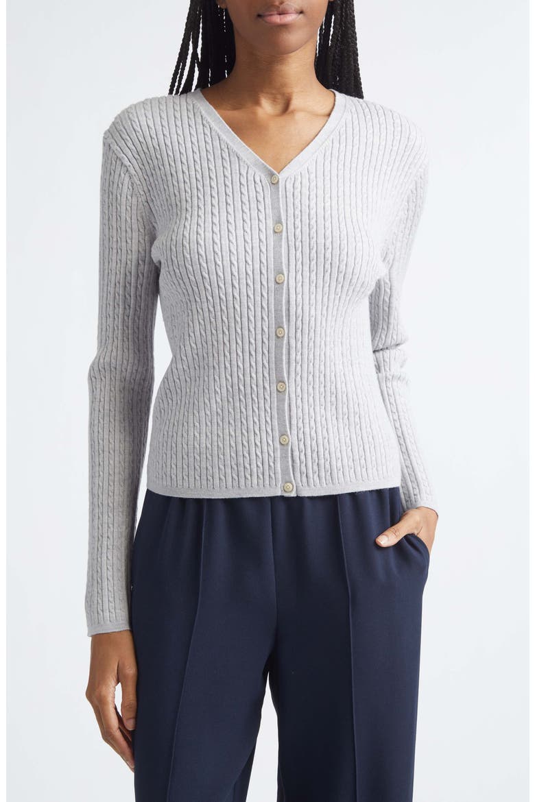 Cable Stitch Merino Wool Blend V-Neck Cardigan, Main, color, HEATHER GREY