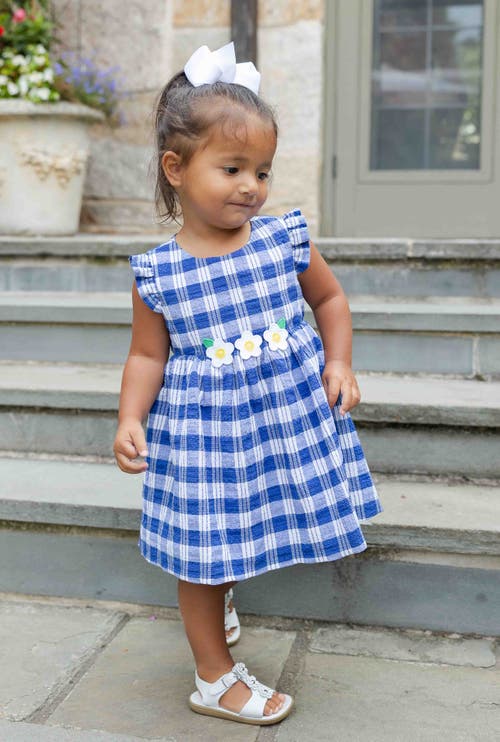 Florence Eiseman Girl's Plaid-print Seersucker Dress W/ Floral Appliques In Multi