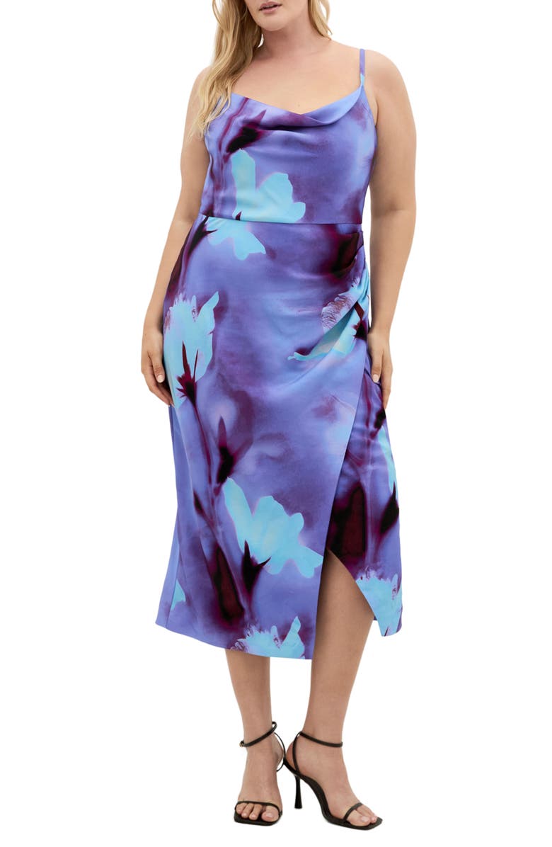 City Chic Mariana Printed Cowl Neck Midi Dress, Main, color, Azure Floral