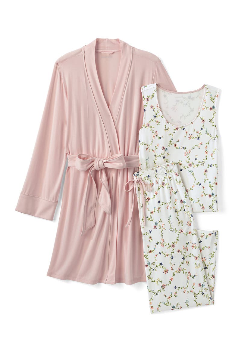Cooling 3 Piece Pajama Set - Tank Crop and Robe, Alternate, color, Ivory/Peach Floral Vine