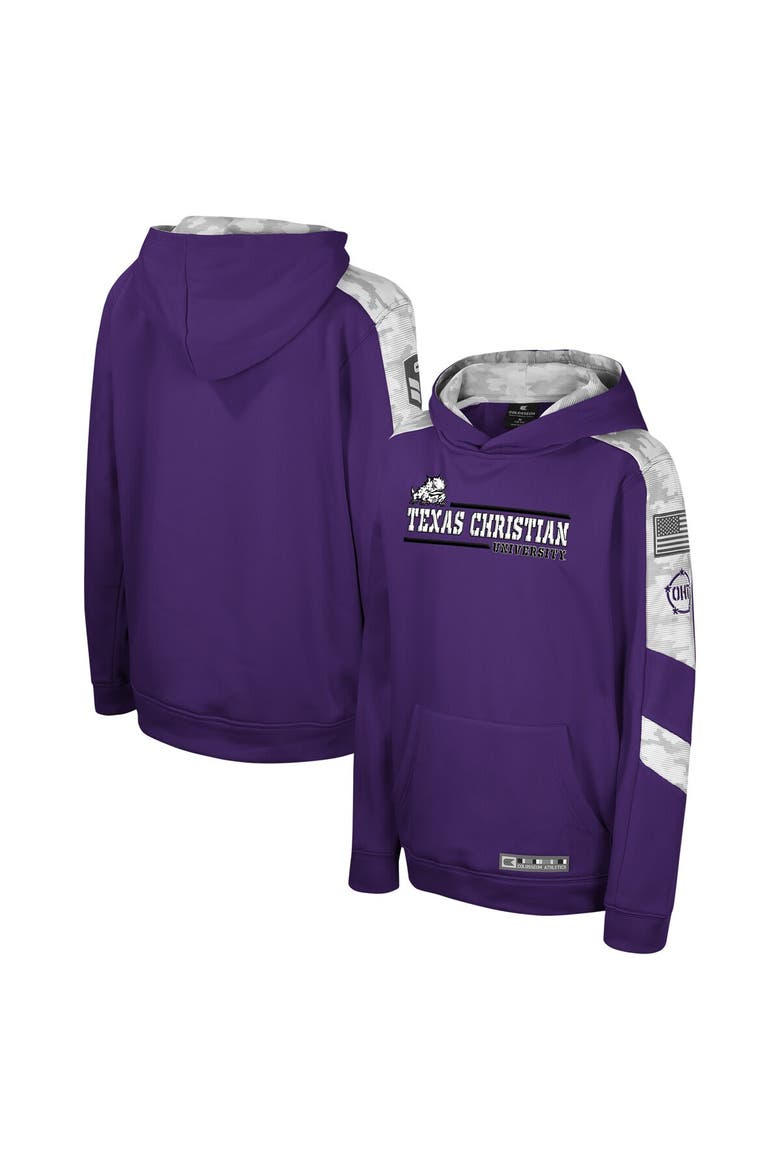 Youth Colosseum Purple TCU Horned Frogs OHT Military Appreciation Cyclone Digital Camo Pullover Hoodie, Main, color, Purple