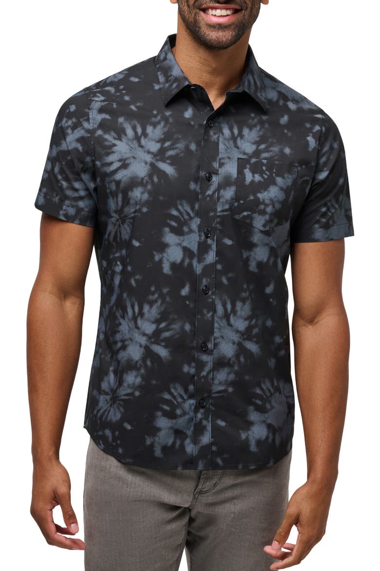 Warmer Tides Tie Dye Short Sleeve Stretch Button-Up Shirt, Main, color, BLACK