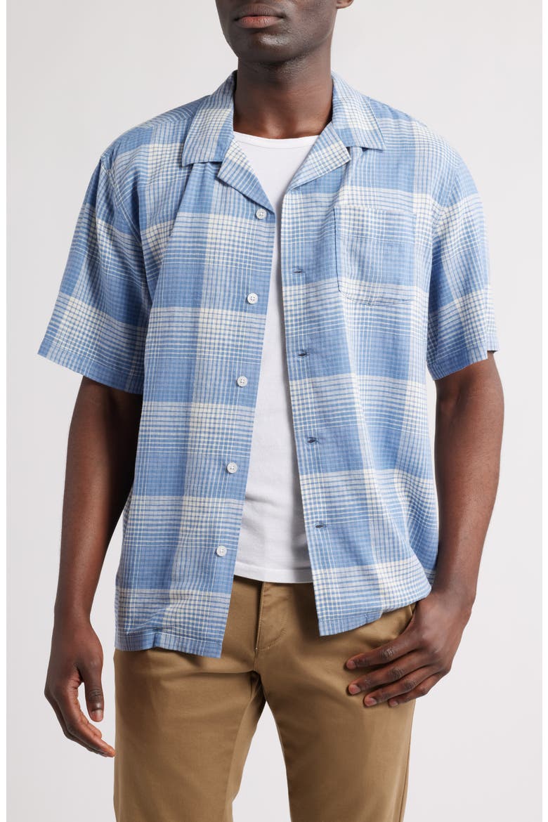 Plaid Linen Blend Camp Shirt, Main, color, BLUE/ WHITE OMBRE