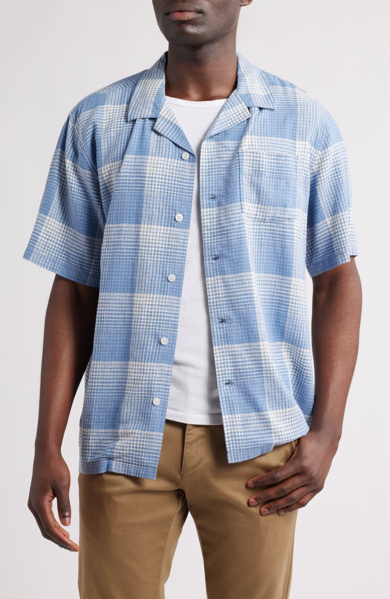 Pendleton Plaid Linen Blend Camp Shirt, Main, color, Blue/ White Ombre