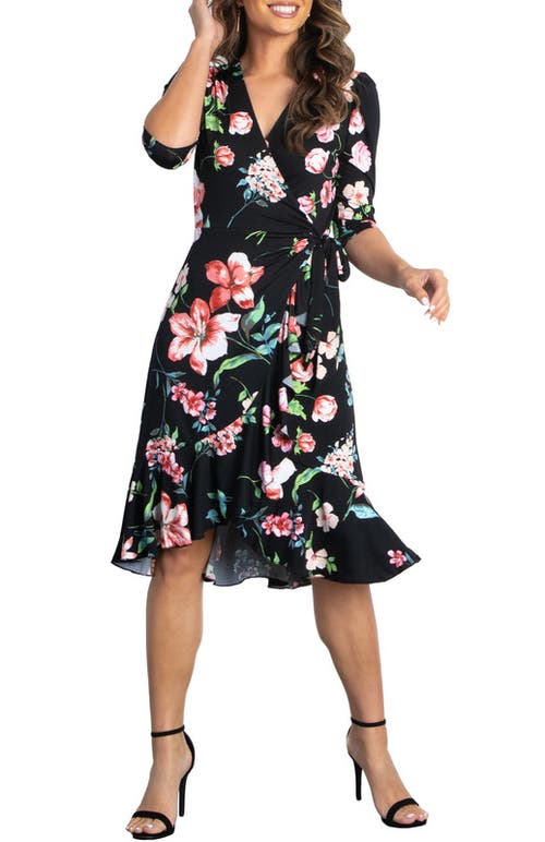 Kiyonna Flirty Flounce Floral Print Wrap Dress In Midnight Meadow
