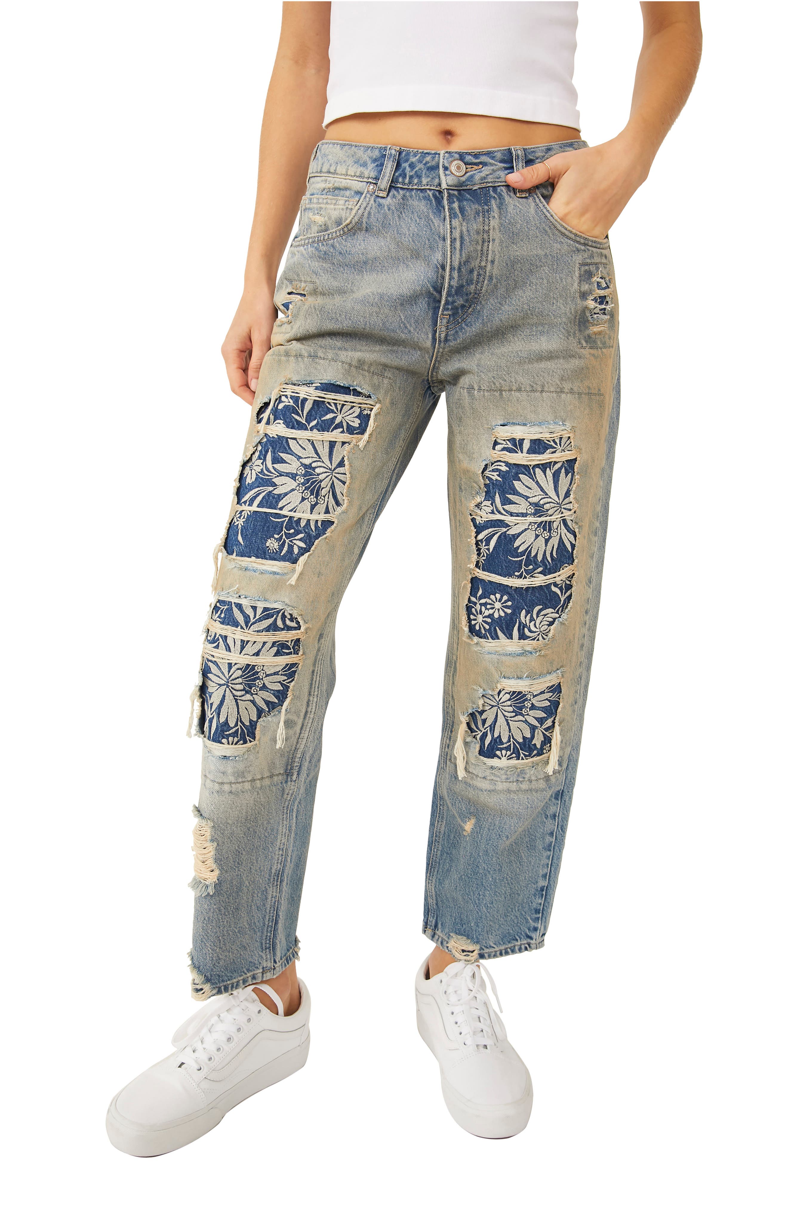 Free People Desert Rose Floral Distressed Straight Leg Jeans (Women ...