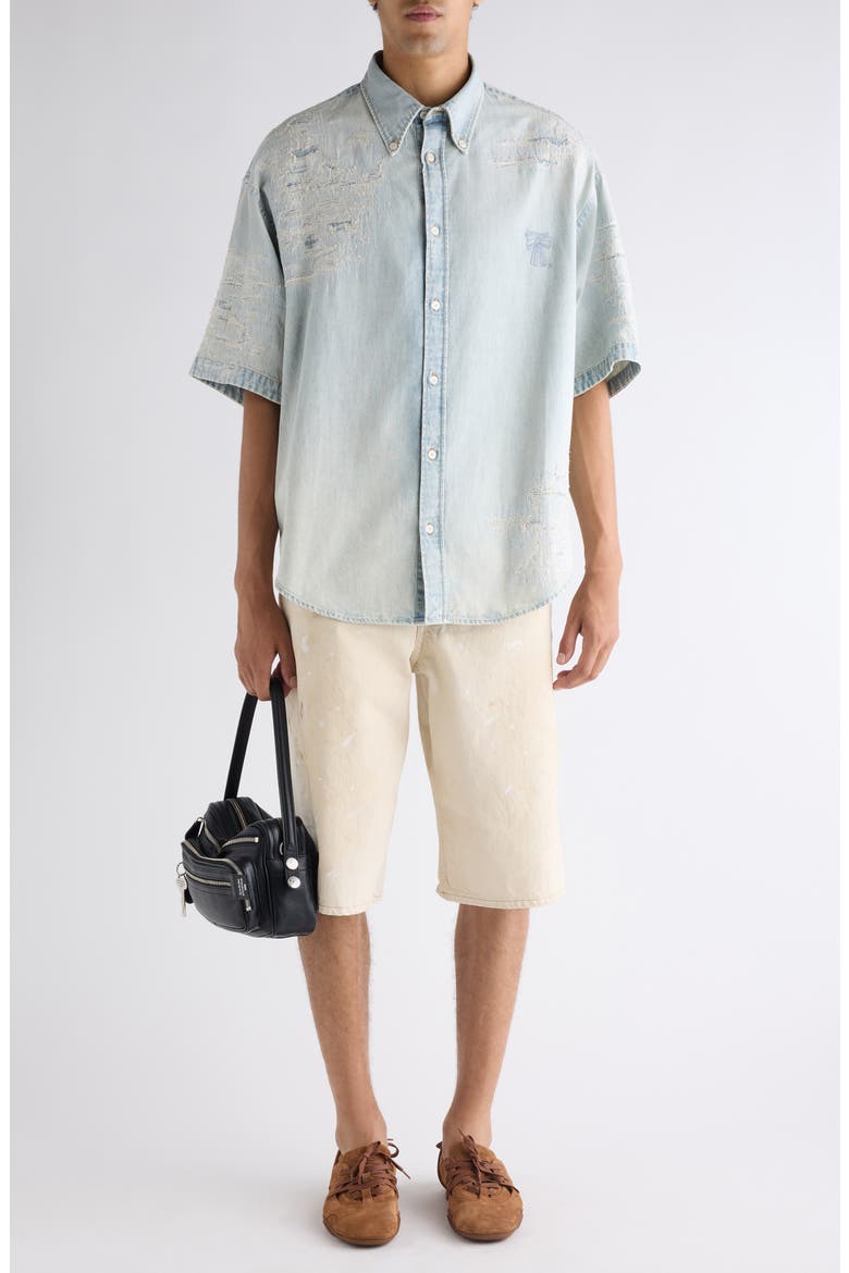 Setar Mending Distressed Short Sleeve Denim Button-Down Shirt, Alternate, color, LIGHT BLUE