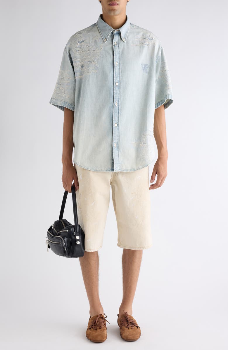 Acne Studios Setar Mending Distressed Short Sleeve Denim Button-Down Shirt, Alternate, color, Light Blue
