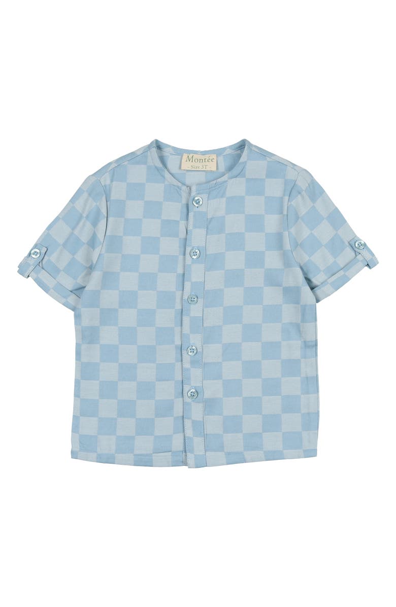 Manière Kids' Check Short Sleeve Denim Button-Up Shirt, Main, color, Light Blue