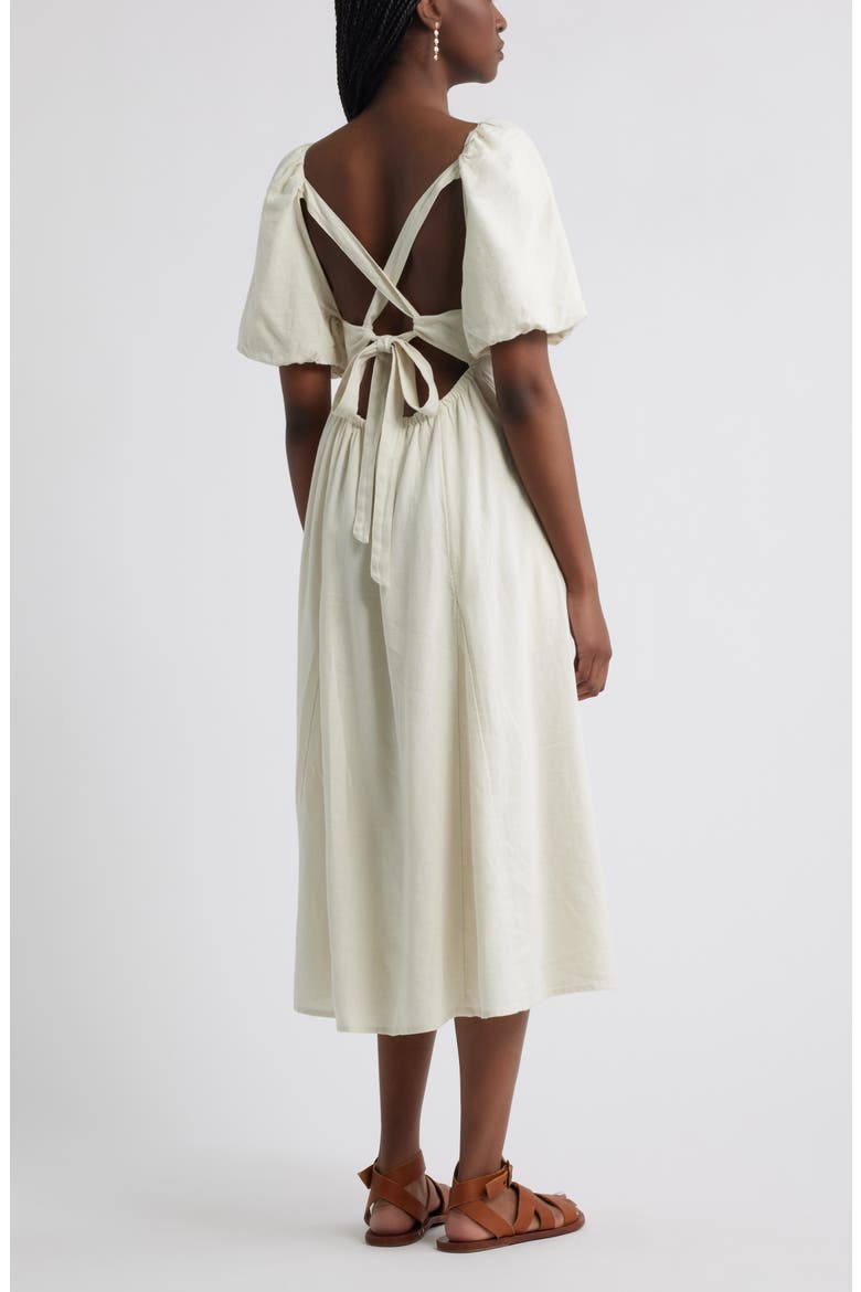 Puff Sleeve Linen Blend Midi Dress, Alternate, color, IVORY DOVE