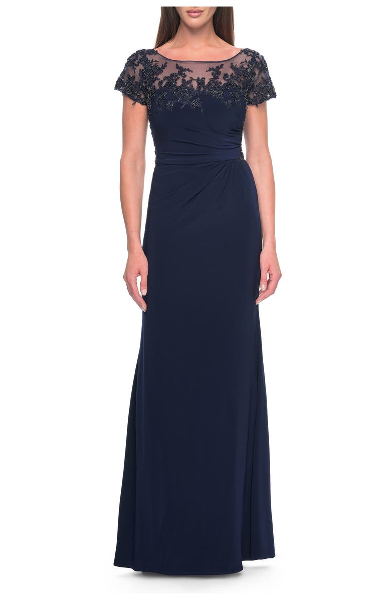 La Femme Chic Jersey and Lace Evening Dress with Short Sleeves, Main, color, Navy