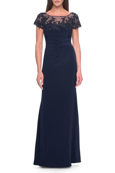 Chic Jersey and Lace Evening Dress with Short Sleeves
