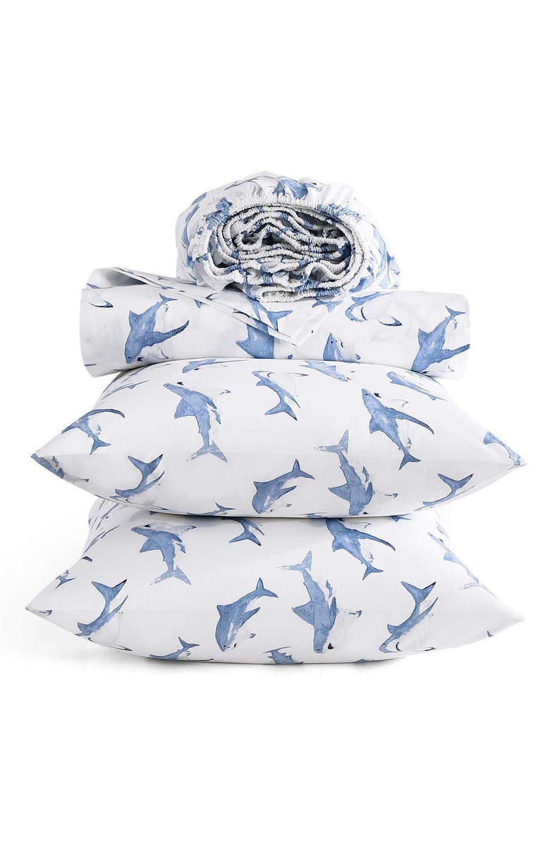 POPPY AND FRITZ Shark Attack 200 Thread Count Cotton Percale Sheet Set, Alternate, color, Blue