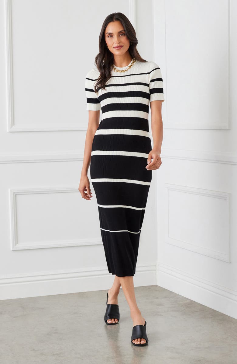 Karen Kane Rib Stripe Short Sleeve Midi Sweater Dress, Alternate, color, Black