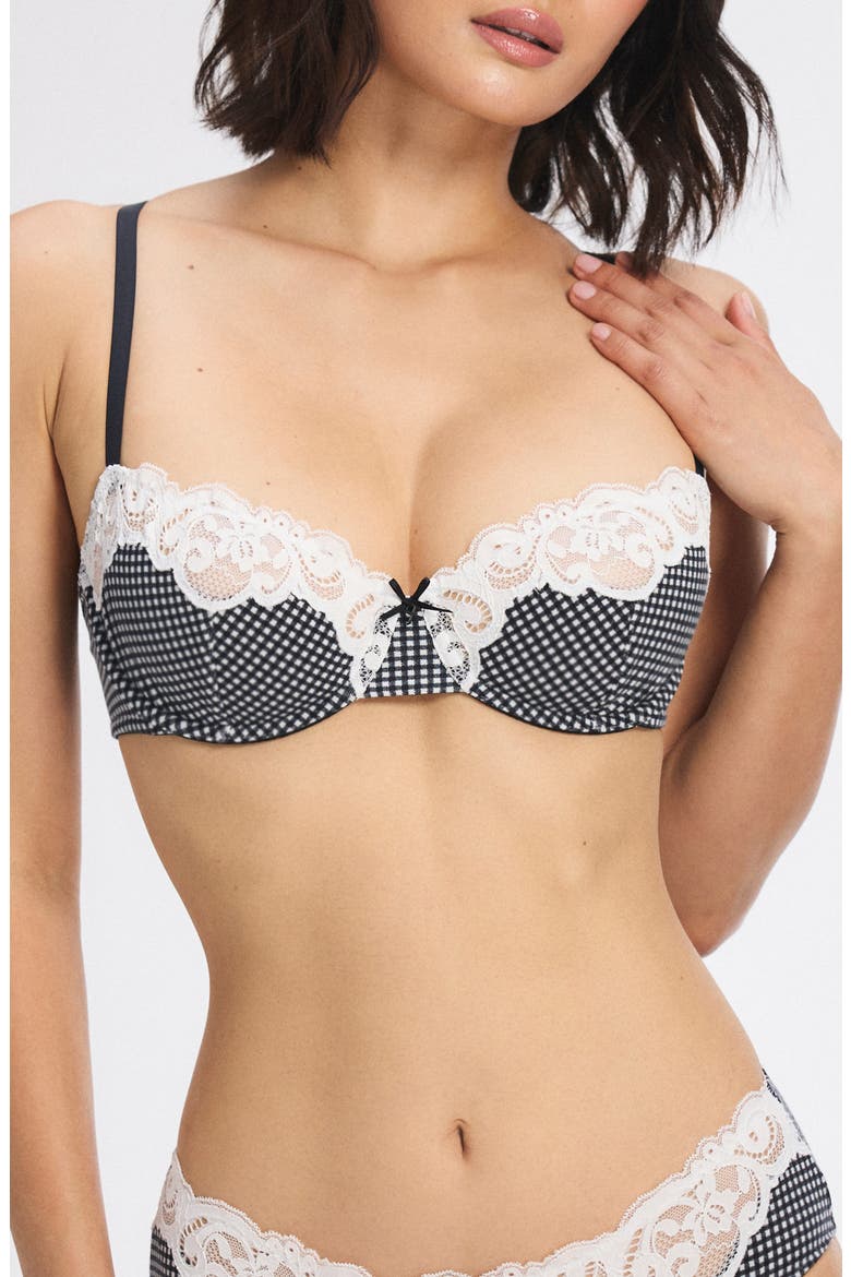 Swirly Girly Unlined Low-Cut Balconette Bra, Main, color, BLACK CAVIAR CHECK EFFECT