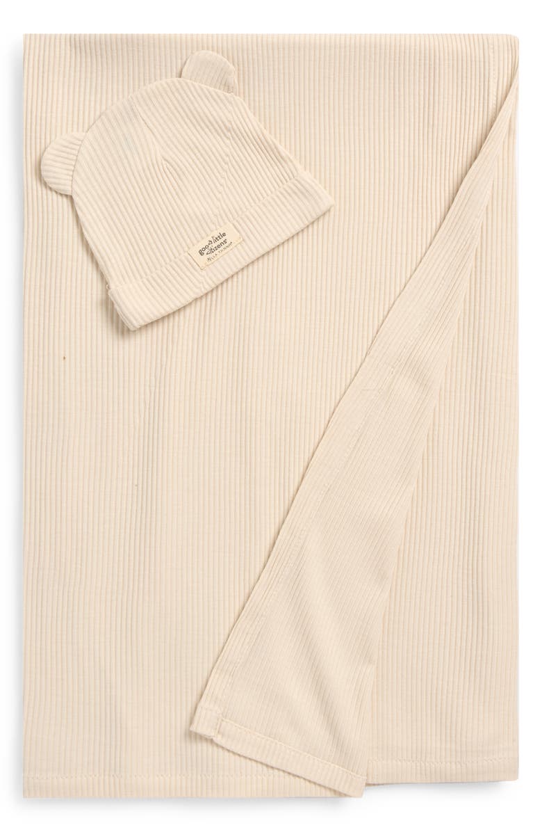 Bella Tunno Rib Swaddle Blanket & Hat Set, Main, color, Cream