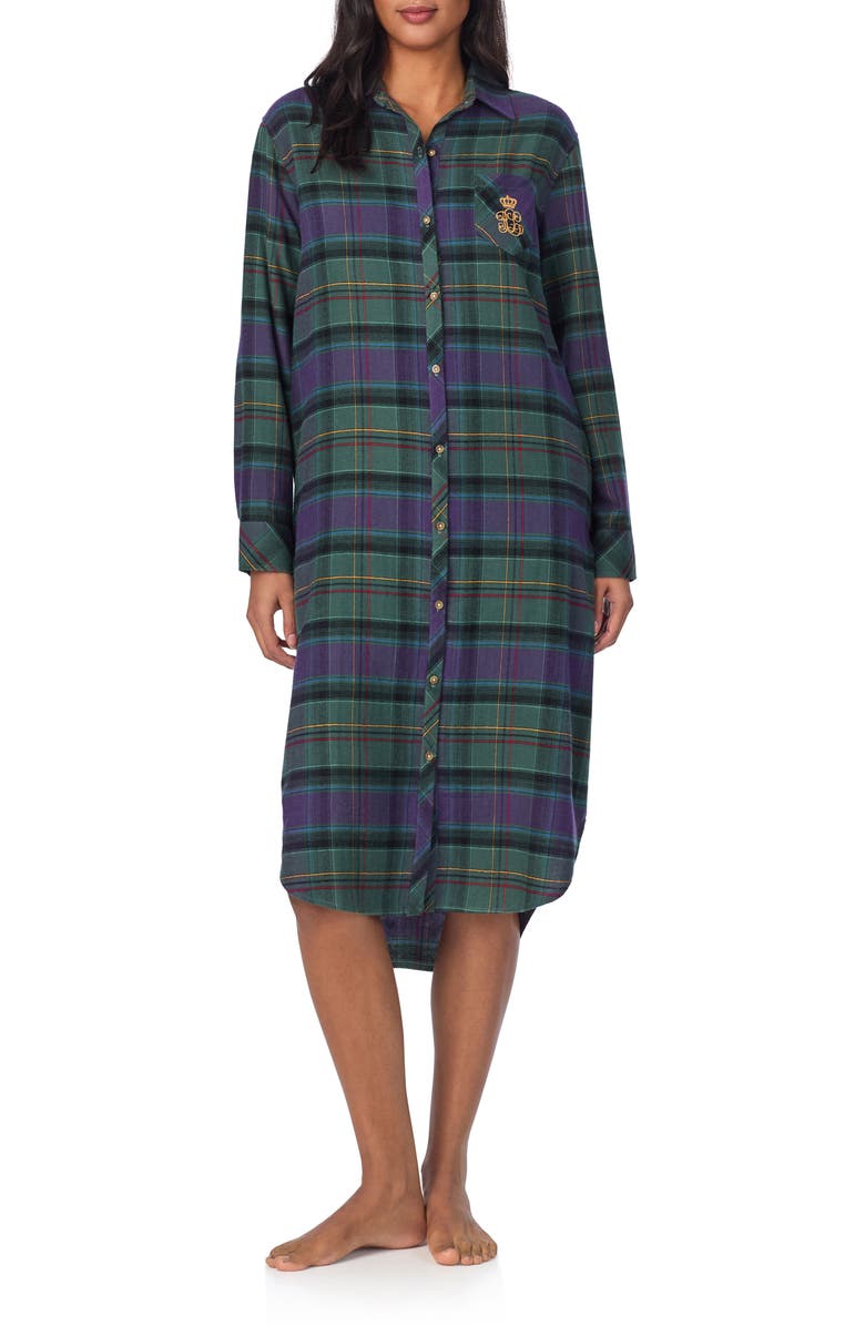 Lauren Ralph Lauren Plaid Cotton Blend Nightgown, Main, color, 
