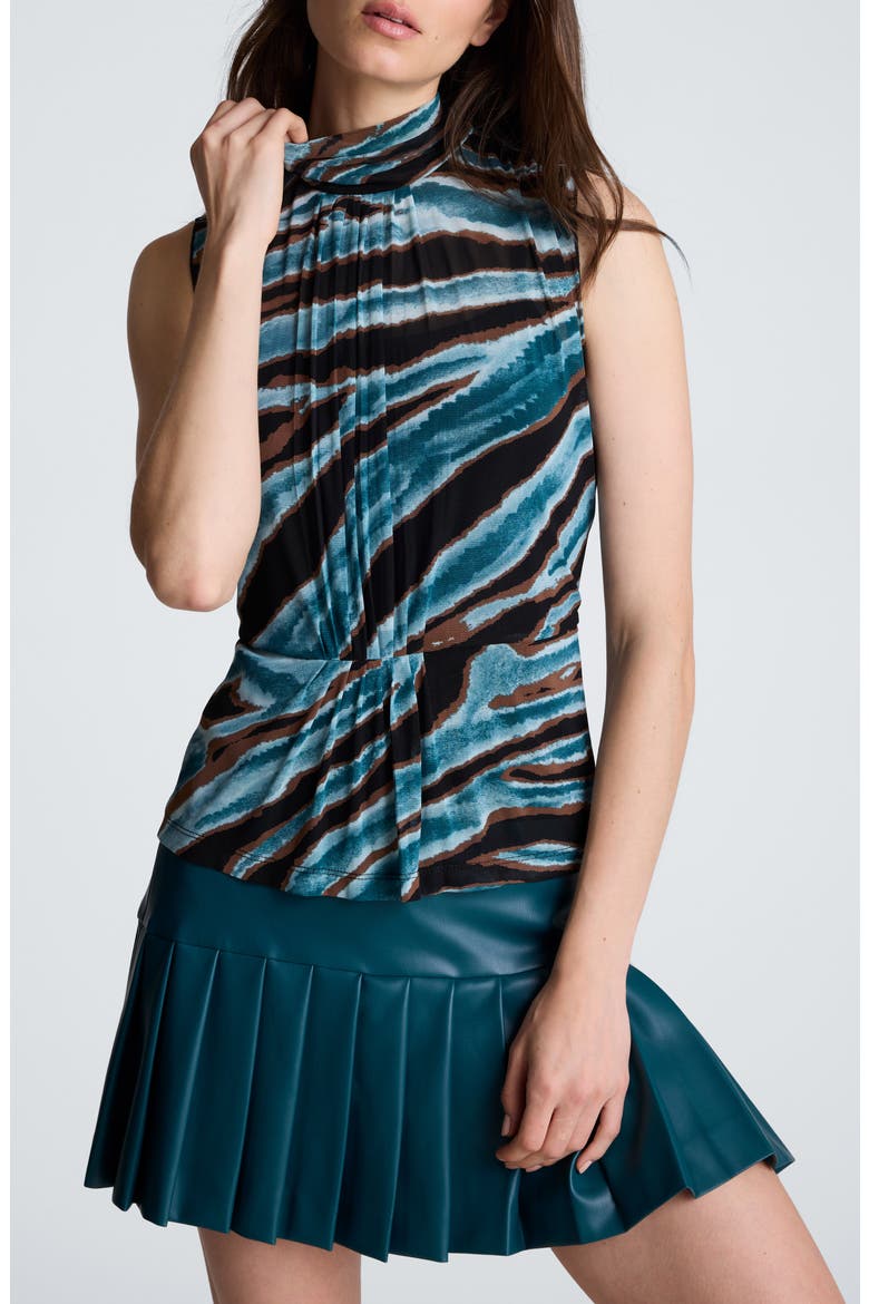 Pleated Mock Neck Sleeveless Mesh Top, Main, color, TEAL DUSK MULTI