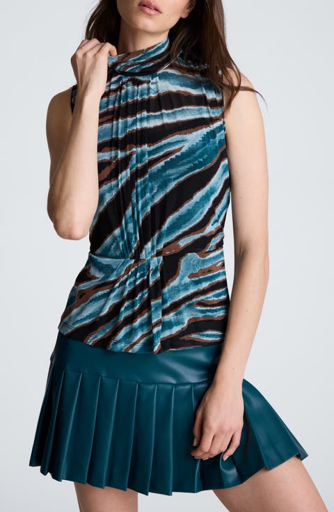 Pleated Mock Neck Sleeveless Mesh Top