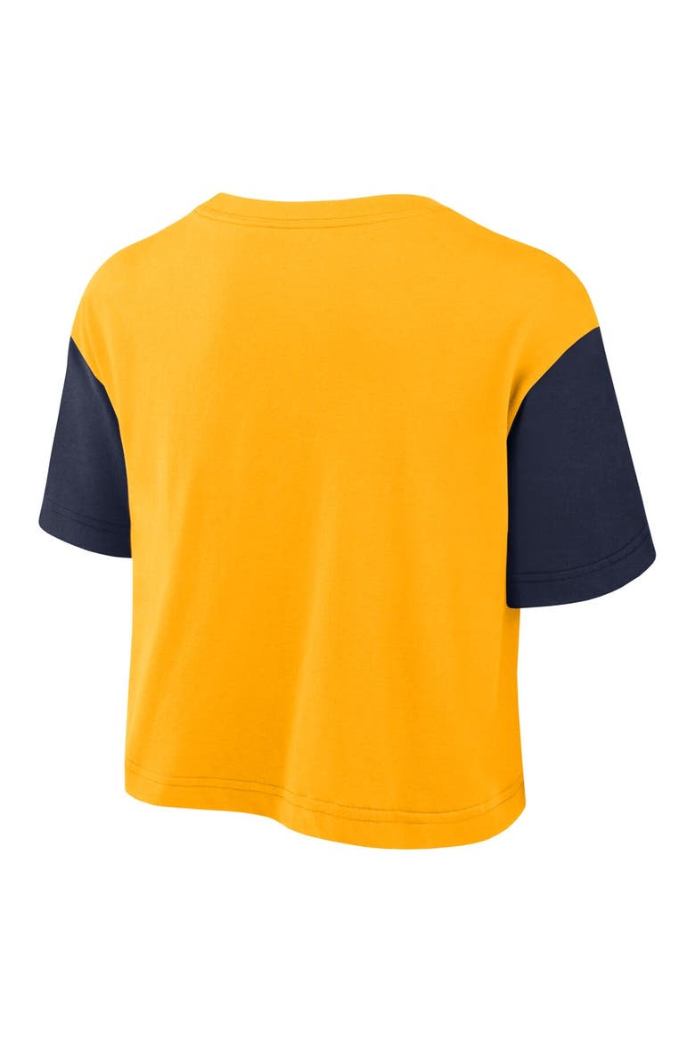 Women's Nike Gold/Navy West Virginia Mountaineers Color-Block Script Performance Cropped T-Shirt, Alternate, color, Gold