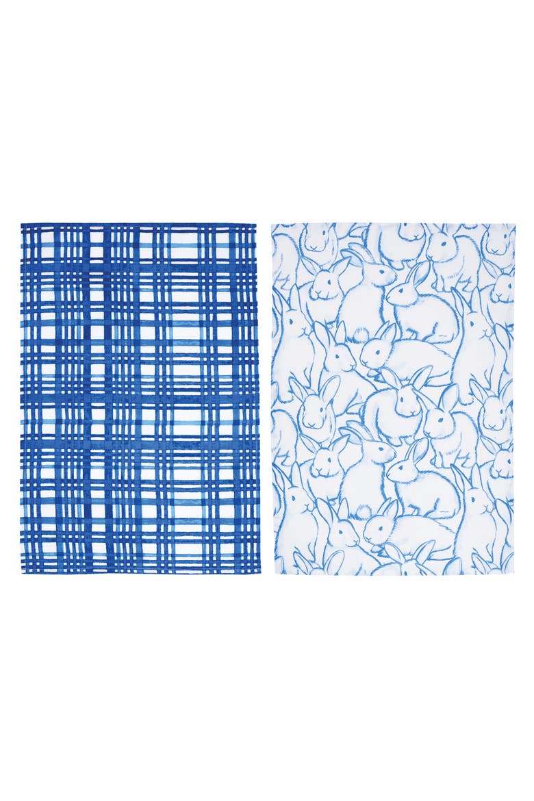 Blue Bunnies & Plaid Easter Spring Theme Kitchen Dishtowels Set of 2, Main, color, Blue
