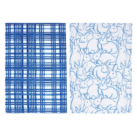 Blue Bunnies & Plaid Easter Spring Theme Kitchen Dishtowels Set of 2