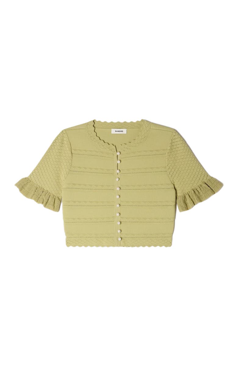 SANDRO Cropped ruffled-sleeve cardigan, Alternate, color, Green