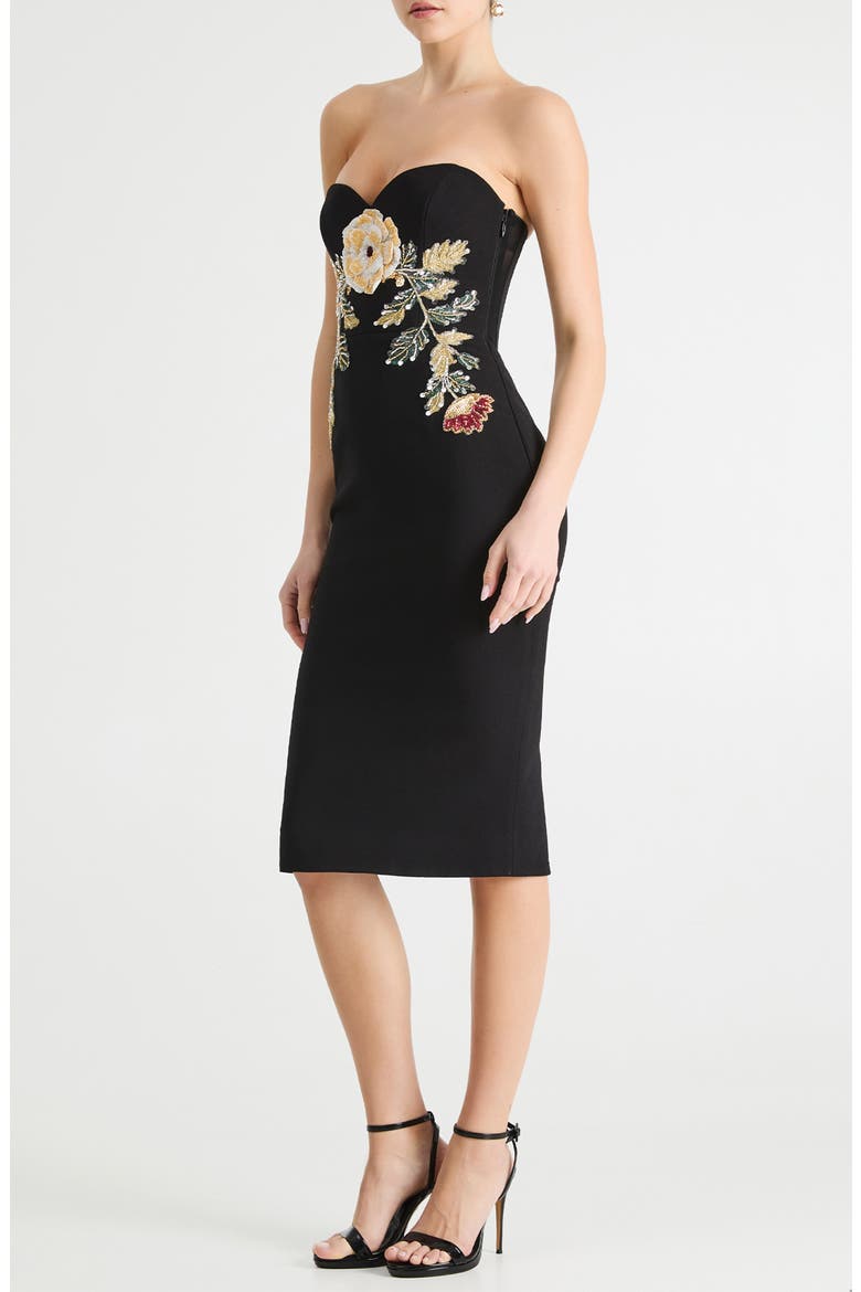 Sloane Floral Appliqué Strapless Cocktail Dress, Alternate, color, BLACK
