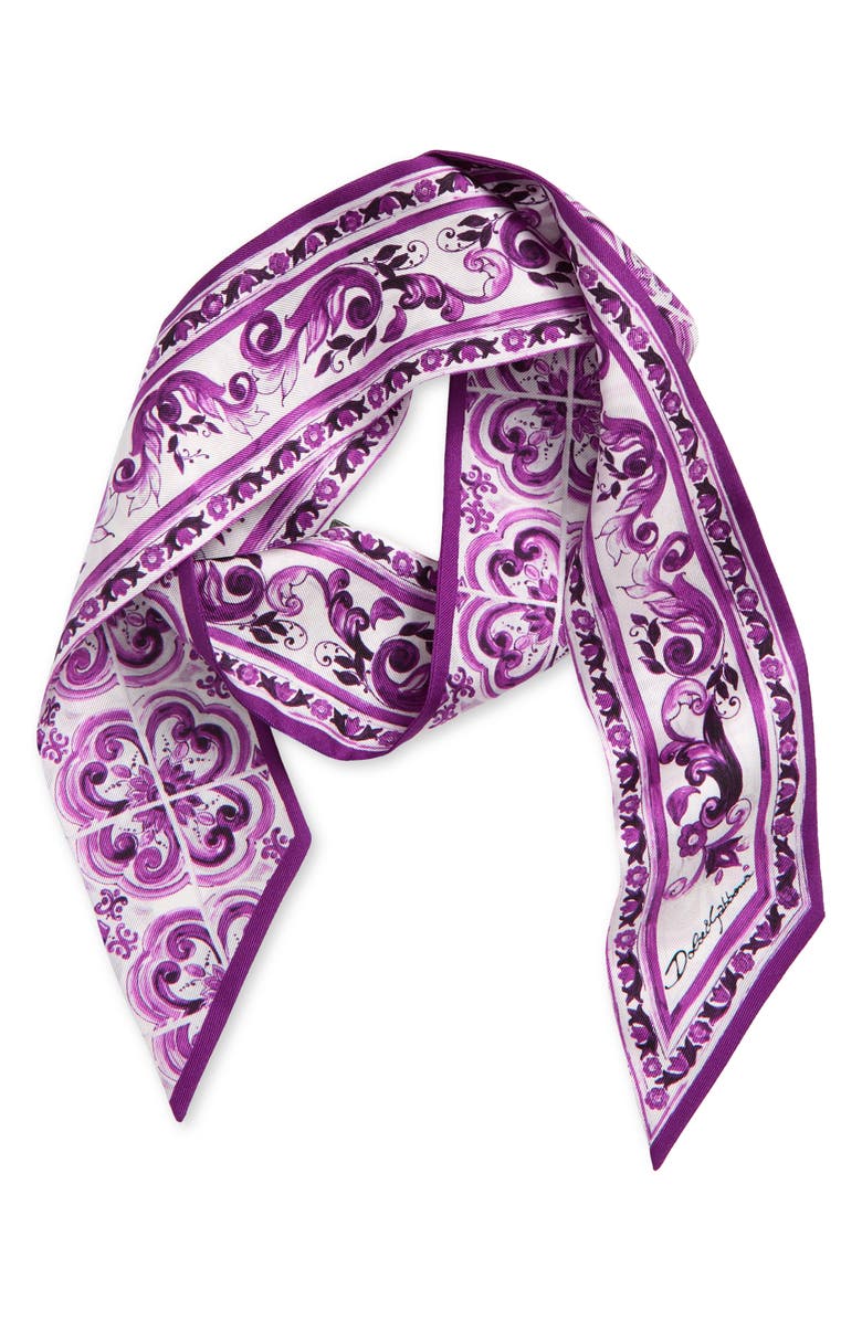 Dolce&Gabbana Majolica Silk Skinny Scarf, Alternate, color, Hp3ob Maiolica Fdo Viola