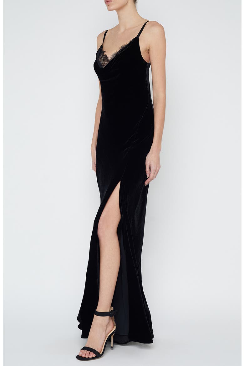 Venice Lace Trim Velvet Gown, Alternate, color, BLACK