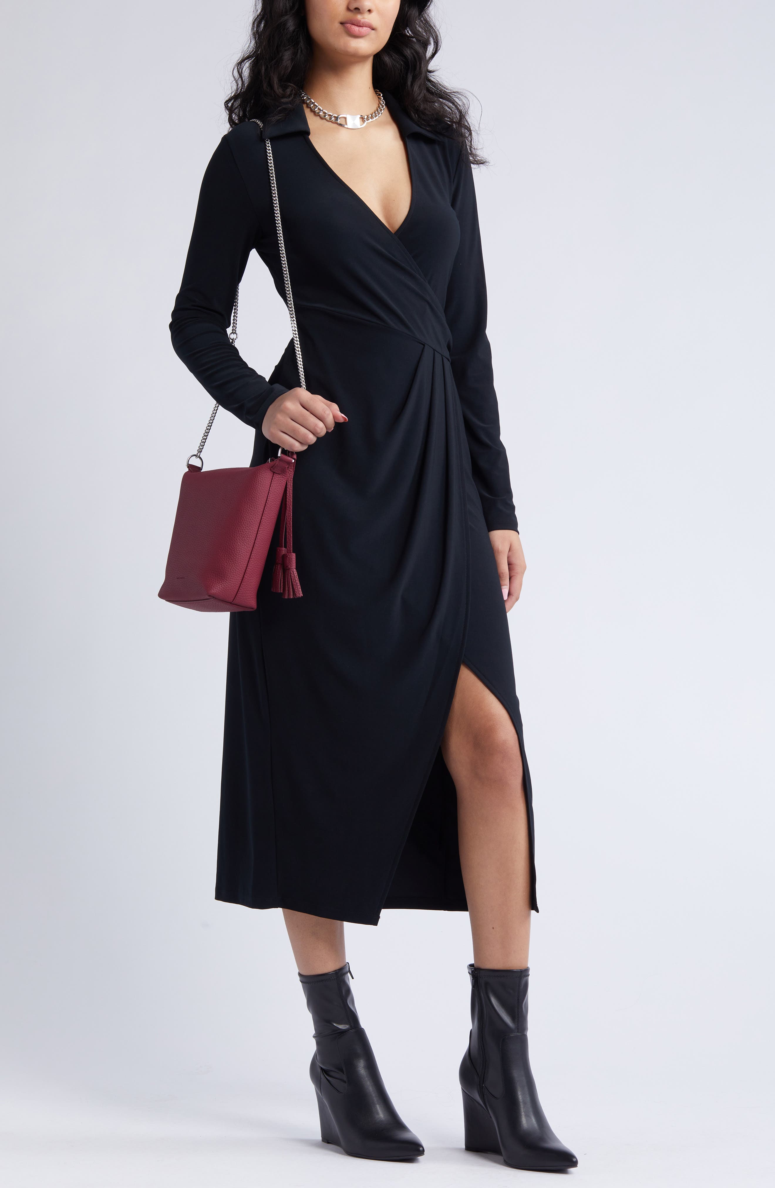 Open Edit Long Sleeve Faux Wrap Jersey Dress (Women) | Nordstromrack