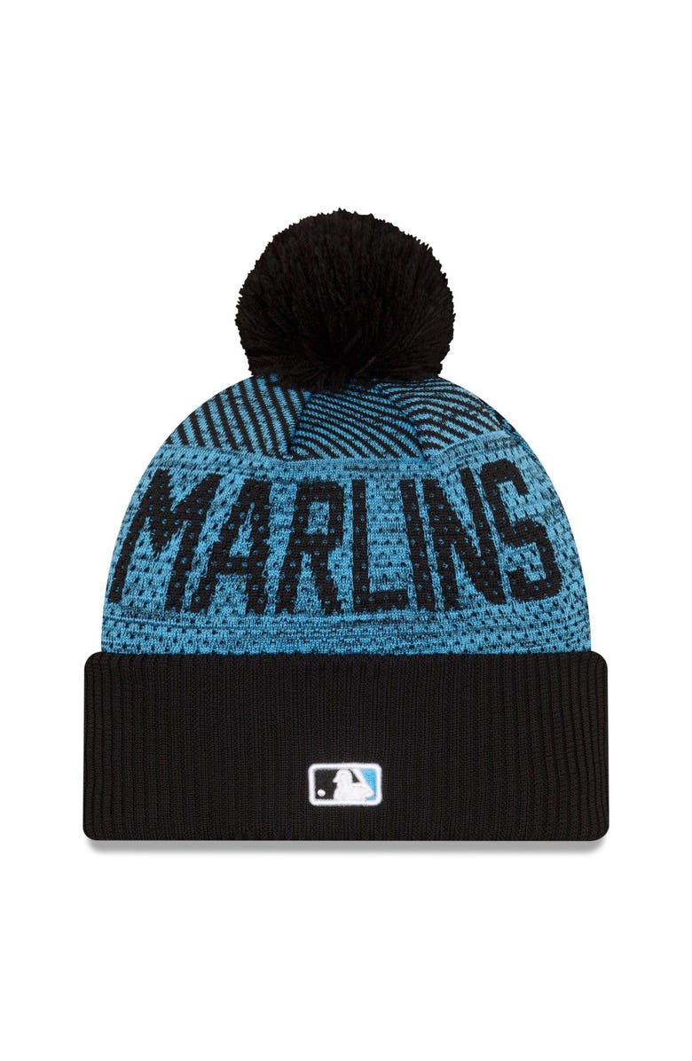 New Era Men's New Era Black Miami Marlins Authentic Collection Sport Cuffed Knit Hat with Pom, Alternate, color, 